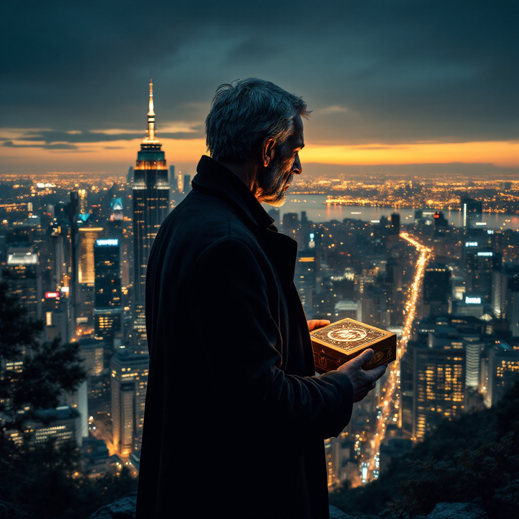 A man stands on a mountaintop at dusk, holding a glowing box. Below, a sprawling city glimmers with lights, symbolizing a departure from quiet anger toward transformation and hope.