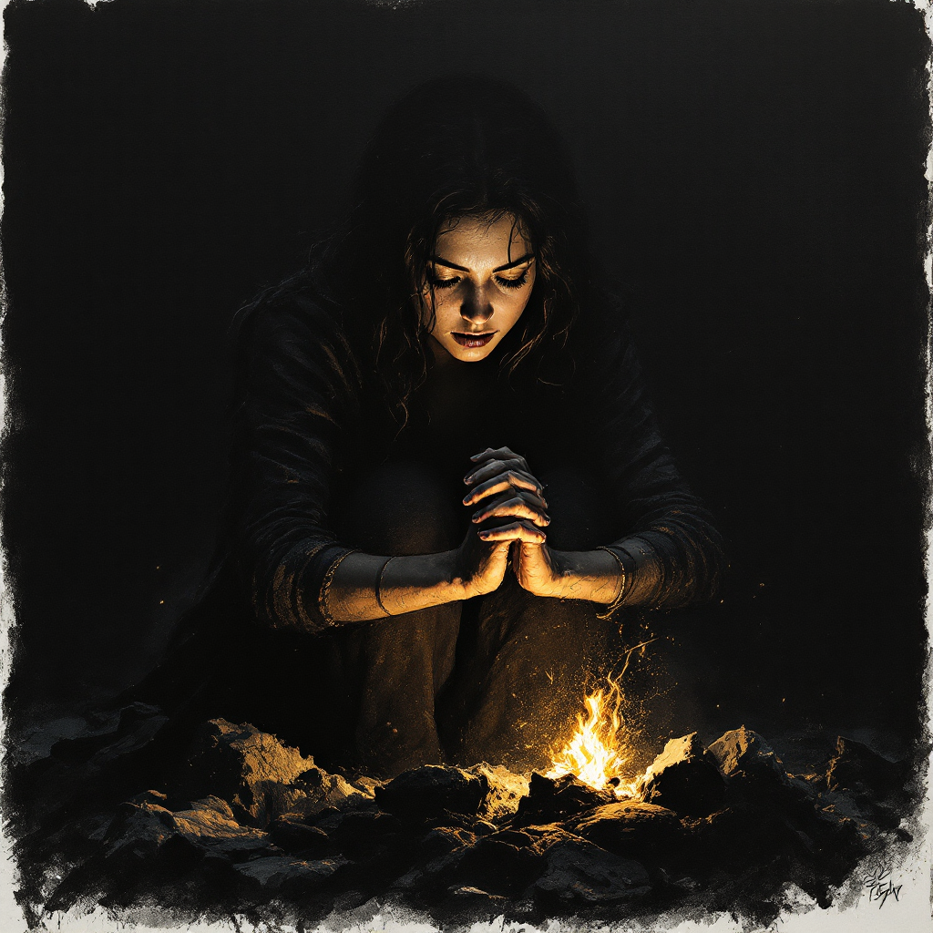 A young woman kneels in darkness, focused intently on a small flame flickering before her, embodying the quote, When you’re in the dark, you have to make your own light.