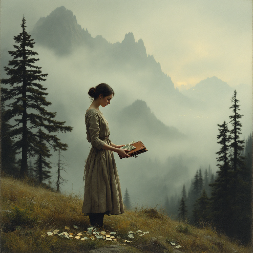 A woman in a long dress stands on a misty mountainside, holding an open book. Surrounding her are scattered flowers, reflecting the quote, Money changes everything, or at least it tries to.