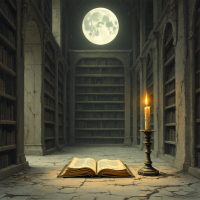 A dimly lit library with tall, shadowy bookshelves surrounds an open book illuminated by a candle, beneath a glowing full moon, reflecting on the connection between past and future.