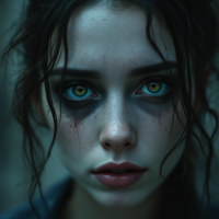 A close-up of a young woman's face, portraying deep sorrow and intensity. Her striking green eyes contrast with dark, smudged makeup, reflecting the theme of losing oneself through fading memories.