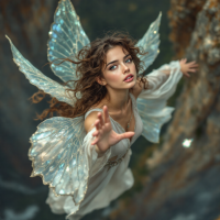 A young woman with shimmering wings reaches out as she floats gracefully above a rocky cliff, embodying the spirit of taking a leap of faith.