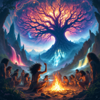 A group of early humans gathers around a fire, mesmerized by a colossal, glowing tree, symbolizing the birth of imagined realities as history unfolds.