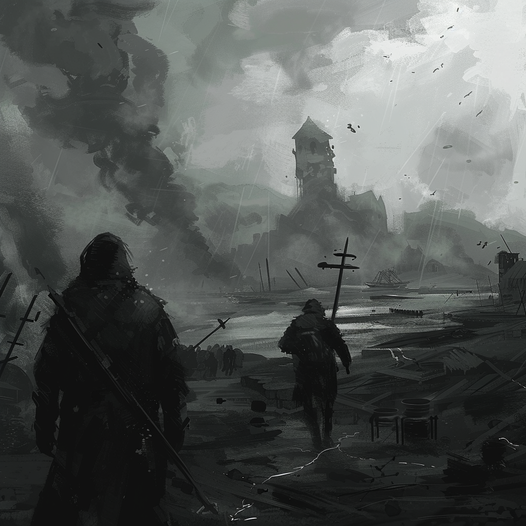 Two figures walk through a desolate, war-torn landscape, with a gloomy sky and smoke in the distance, reflecting the quote, It had been a bad day in a long succession of bad days.