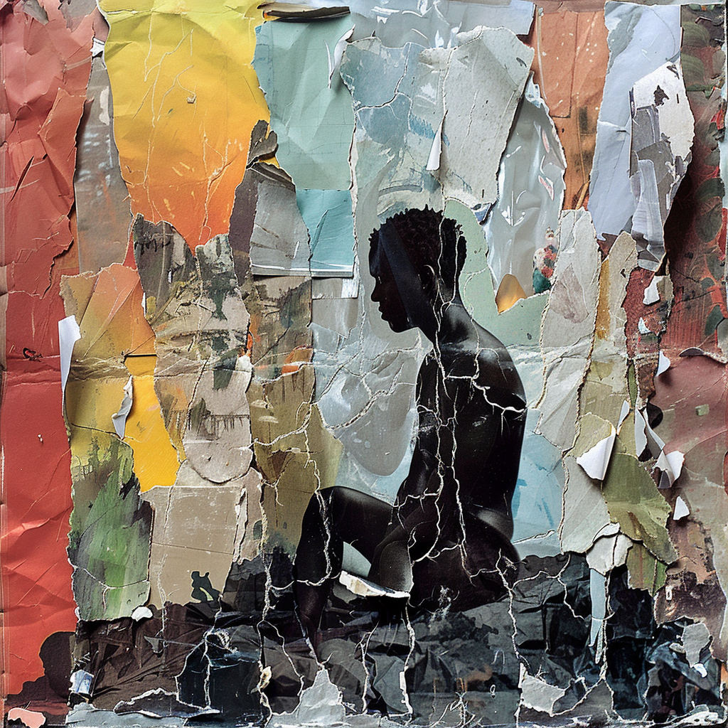 A weathered paper collage showing a silhouette of a person sitting, set against a backdrop of torn, colorful fragments, reflecting the sentiment of enduring a succession of bad days.