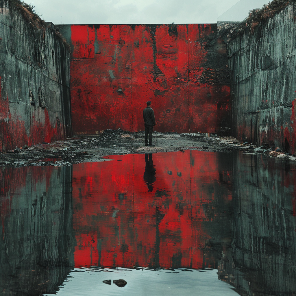 A person in dark clothing stands facing a large, weathered red wall in a narrow alley. The ground is wet, creating a reflective pool that mirrors the wall, evoking a sense of a prolonged, dreary struggle.