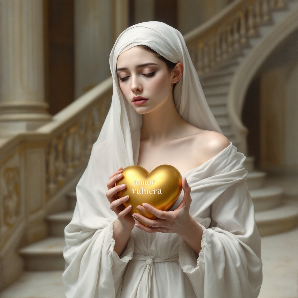 A solemn young woman in a flowing white gown holds a golden heart, embodying vulnerability and the essence of love against an elegant staircase backdrop.