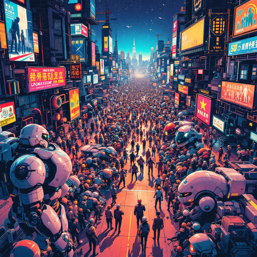 A vibrant city scene filled with diverse people and futuristic robots, illustrating the power of cooperation in large numbers amidst bright advertisements and towering skyscrapers.