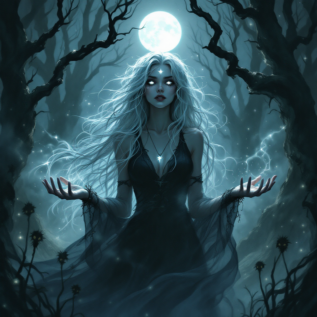 A mystical woman stands in a dark forest, illuminated by a full moon, with glowing eyes and outstretched hands, embodying the quote: The darkness is not my enemy; it is my friend.