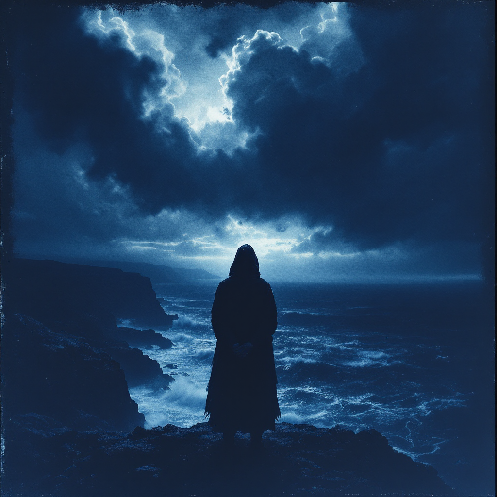 A cloaked figure stands on a rocky shore, gazing towards a stormy sea under dark, swirling clouds, embodying the struggle against confronting painful truths.