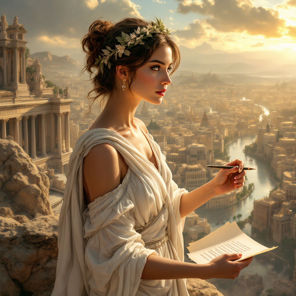 A contemplative woman in ancient attire stands on a rocky cliff, gazing at a majestic city below, holding a pen and paper, embodying the power of creativity and imagination.