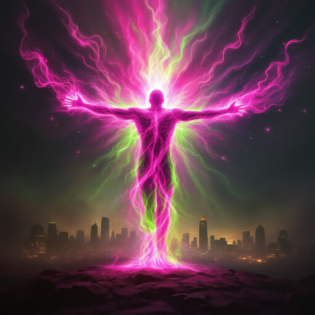 A radiant figure stands with outstretched arms, surrounded by vibrant pink and green energy, symbolizing the human spirit's power to inspire bravery in challenging times.