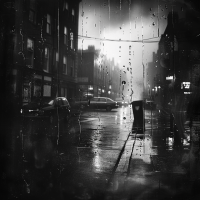 A rainy, dimly lit urban street at night, captured through a window streaked with raindrops, reflecting the mood of a bad day in a long succession of bad days.
