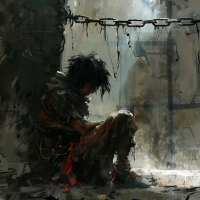 A person sits slumped against a wall in a dimly lit, grimy setting, embodying the despair of a quote about enduring a bad day among many. Chains hang overhead, adding to the somber atmosphere.