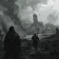 Two figures walk through a desolate, war-torn landscape, with a gloomy sky and smoke in the distance, reflecting the quote, It had been a bad day in a long succession of bad days.