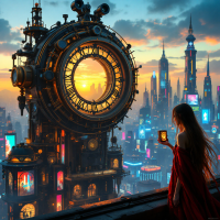 A figure in a flowing red cloak stands on a balcony, gazing at a massive, intricate clock tower against a vibrant sunset, symbolizing the theme of lost things returning in unexpected ways.