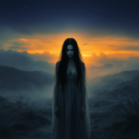 A pale figure in a flowing dress stands in a desolate landscape at dusk, embodying the haunting sentiment of unrecognized value in a bleak world.