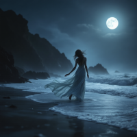 A silhouetted figure in a flowing dress dances along a moonlit beach, surrounded by crashing waves and dark cliffs, reflecting the beauty and terror of the ocean under the moonlight.