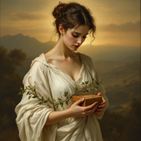 A serene woman in a flowing white garment holds a wooden box adorned with olive branches, set against a tranquil sunset landscape, embodying the themes of love and resilience in life.