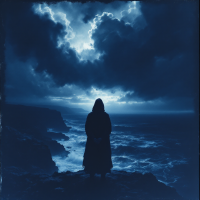 A cloaked figure stands on a rocky shore, gazing towards a stormy sea under dark, swirling clouds, embodying the struggle against confronting painful truths.