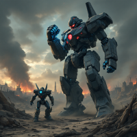 A towering mechanical giant stands amidst a war-torn landscape, with a smaller robot at its side, embodying the essence of The Great War as described in the accompanying quote.