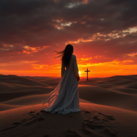 A figure in a flowing white dress stands on sand dunes at sunset, silhouetted against a cross in the distance, embodying resilience in the face of trauma.