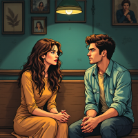 A couple sits on a bench, facing each other with intent expressions, surrounded by framed portraits, highlighting a moment of deep conversation about their relationship.