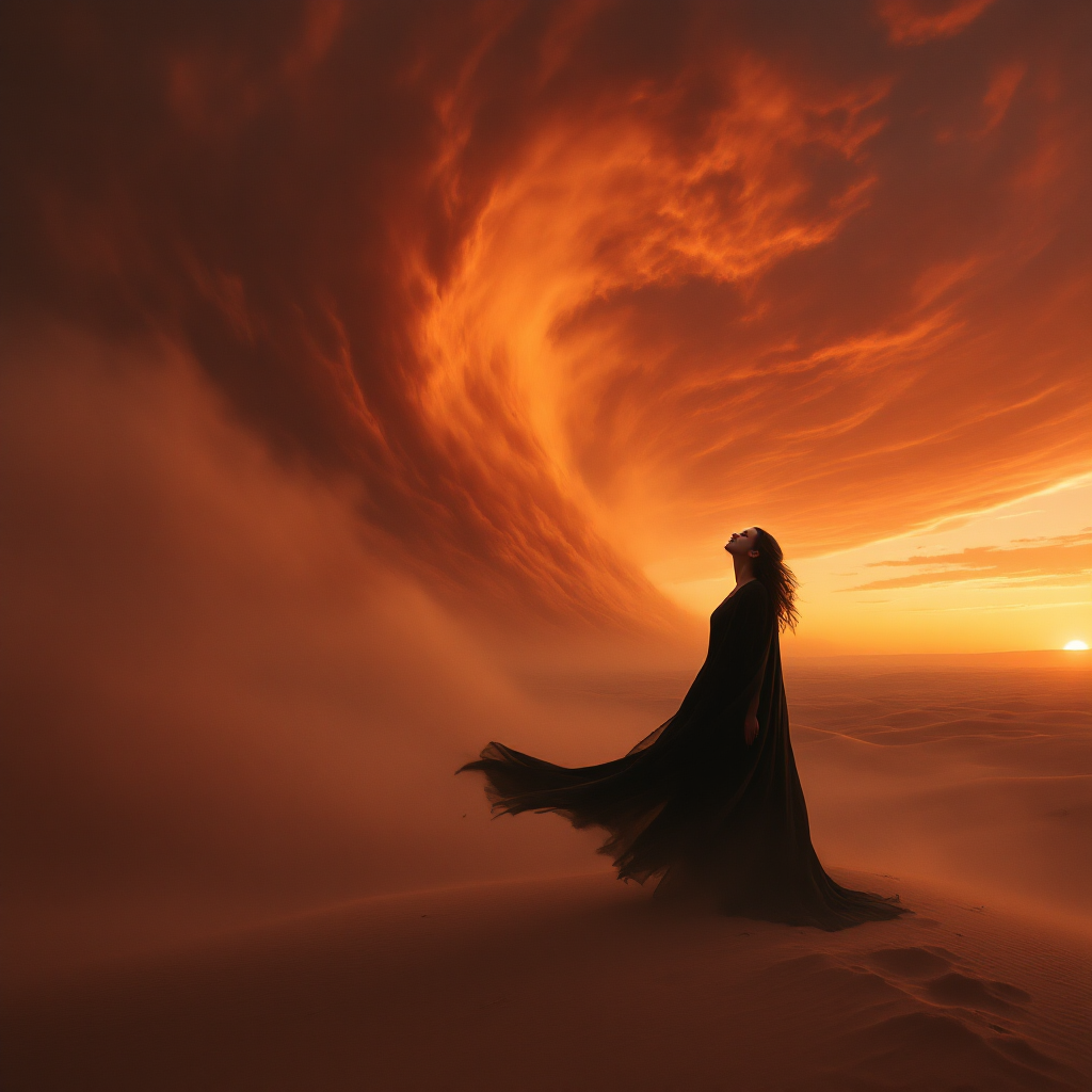 A solitary figure in a flowing black gown stands against a dramatic, swirling orange sky, embodying the duality of hope as both a powerful resource and a formidable weapon.