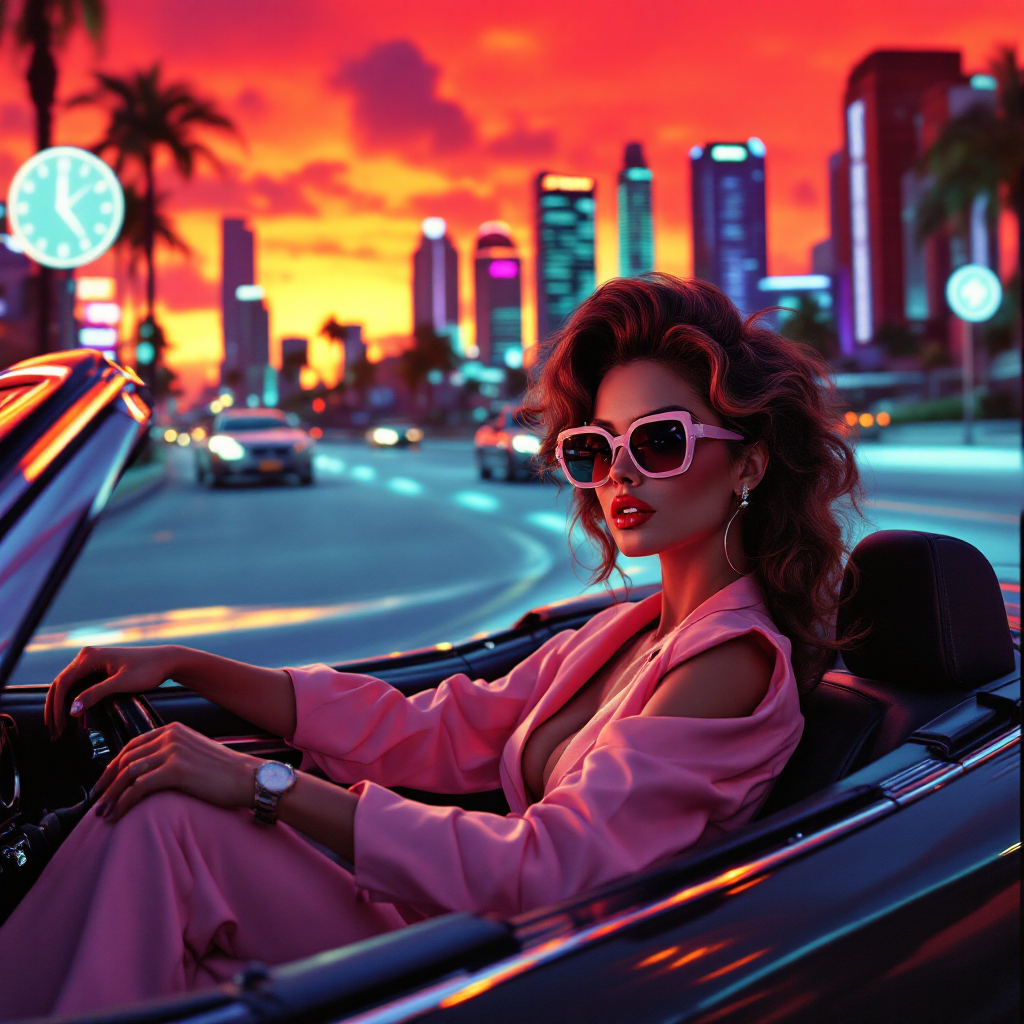 A stylish woman in a pink outfit and sunglasses sits in a convertible, with a vibrant sunset and city skyline in the background, embodying the impact of small decisions on life.