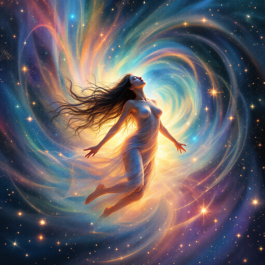 A ethereal figure floats amidst a vibrant cosmic swirl of colors, embodying the exploration of dreams that transcend space and time, revealing hidden truths.