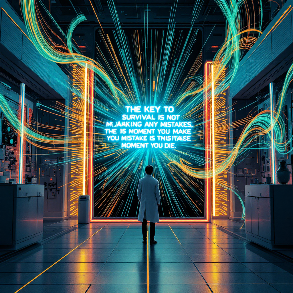 A figure in a lab coat stands before a glowing digital display featuring the quote, The key to survival is not making any mistakes... in a futuristic, high-tech environment.