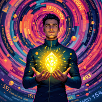 A confident figure in a futuristic outfit holds a glowing crystal, surrounded by a colorful vortex of numbers and financial symbols, symbolizing the power of financial literacy.