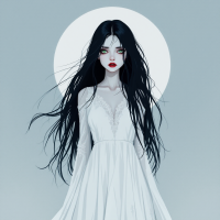 A haunting figure in a flowing white dress, with long black hair and striking red eyes, stands against a pale moon, embodying the tension of love and loss from the quote: You can't make me fall for you and then die.