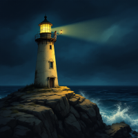 A solitary lighthouse stands on a rocky coastline, casting a warm beam of light into the dark night, symbolizing hope amidst turbulent seas.