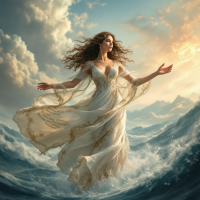 A determined woman in a flowing dress stands amidst turbulent ocean waves, symbolizing resilience and the struggle to keep going despite life's storms.