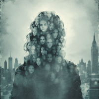 A shadowy figure stands against a blurred cityscape, their silhouette filled with overlapping faces, symbolizing the burdens of past actions and the complexity of innocence.