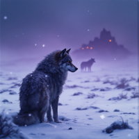 A lone wolf stands in a snowy landscape, gazing into the distance where another wolf appears, capturing the essence of unity and survival in harsh conditions.