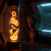 A dark, futuristic room features a glass tube filled with glowing orange orbs, while a shadowy, abstract bust gazes from the side, suggesting themes of inorganic biology and advanced technology.