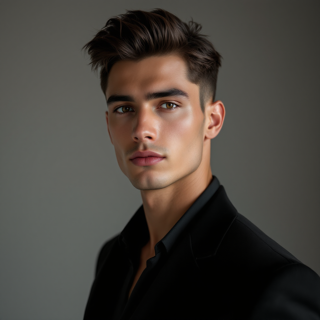 A tall, slim young man with dark brown hair and striking dark eyes gazes confidently at the camera, exuding charm and elegance in a black suit against a soft background.