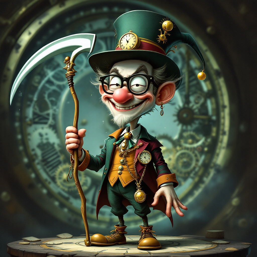 A whimsical character with a mischievous grin, dressed in Victorian attire, holds a scythe and stands before a large, intricate clock, embodying the dual nature of time.