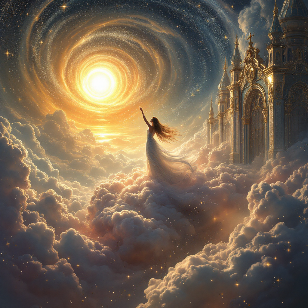 A figure in a flowing gown reaches toward a radiant sun amid swirling clouds, set against an ethereal palace, embodying the quote about forging one's own destiny among the stars.