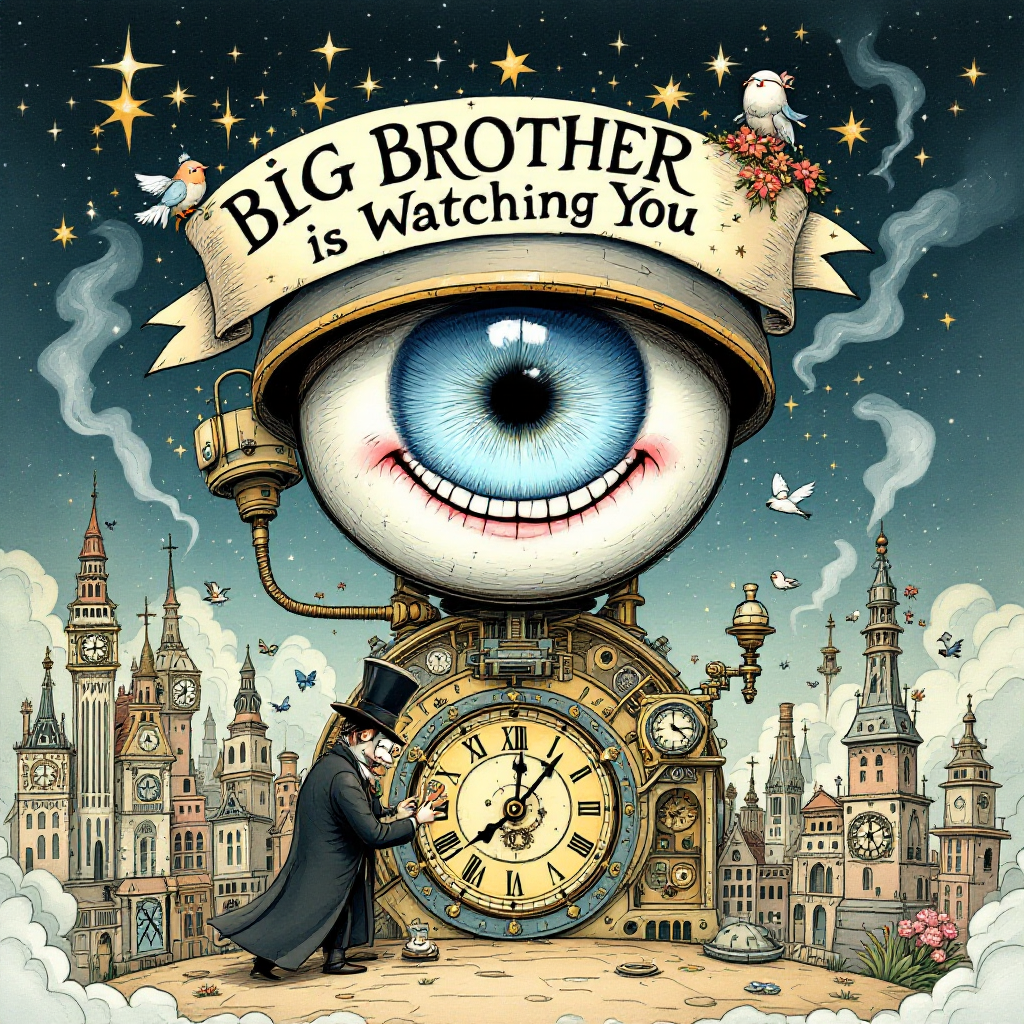 A whimsical illustration featuring a large eye with the phrase Big Brother is Watching You, set against a backdrop of a steampunk city and a gentleman adjusting a clock.