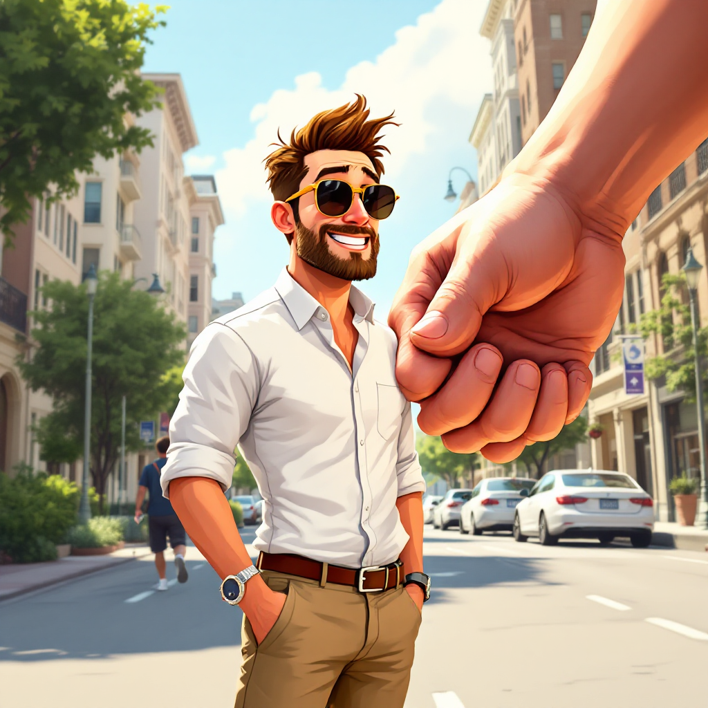 A confident man in sunglasses smiles on a sunny street, while an oversized hand looms above, symbolizing the quote about plans and unexpected challenges.