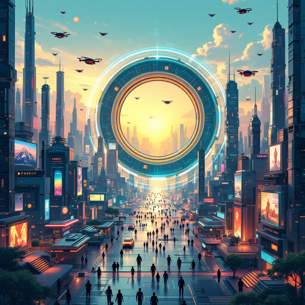 A vibrant futuristic cityscape at sunset, featuring towering skyscrapers and flying drones, symbolizes the duality of technology's potential for good or evil.