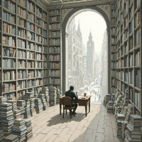 A person sits at a desk in a vast library, surrounded by towering bookshelves. Through an archway, a cityscape with clock towers is visible, reflecting the complexities of language.