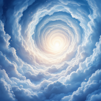 A swirling vortex of soft blue clouds leads towards a bright, glowing light at the center, symbolizing hope and the strength of friendship against darkness.