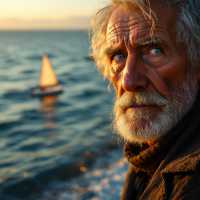 An elderly man gazes pensively at the ocean, with a small sailboat in the background, embodying the reflection on life inspired by the quote about living fully.