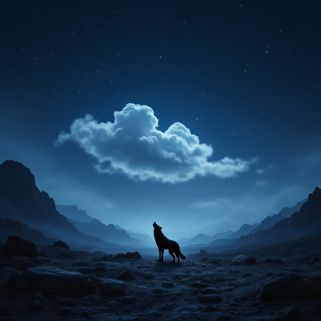 A solitary wolf howls at a cloud in a starry, dark blue night sky, surrounded by shadowy mountains, evoking the sentiment of loss with the quote Sirius is gone.