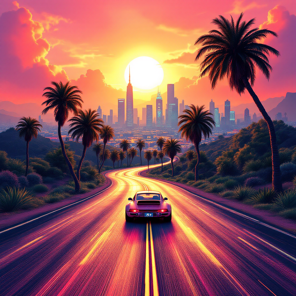 A vibrant sunset casts golden light over a winding road, lined with palm trees, leading to a city skyline, reflecting the journey's importance over the destination.