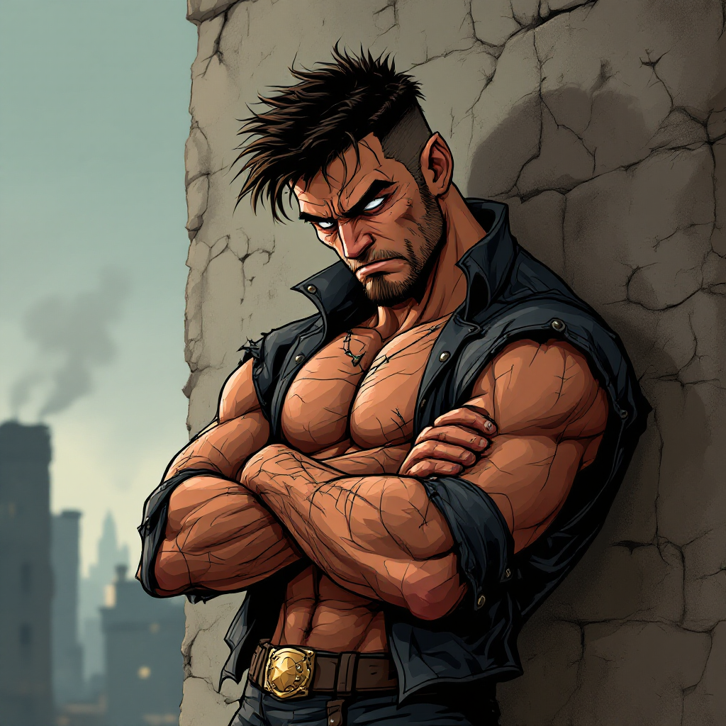 A muscular man stands against a cracked wall, arms crossed and eyes focused, embodying the struggle of earning back trust the hard way. The gritty urban backdrop emphasizes his determination.